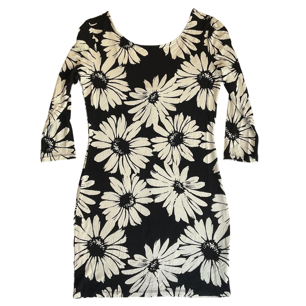 Forever 21 Women Dress size L Black Floral Daisy Bodycon 3/4 Sleeve Above Knee